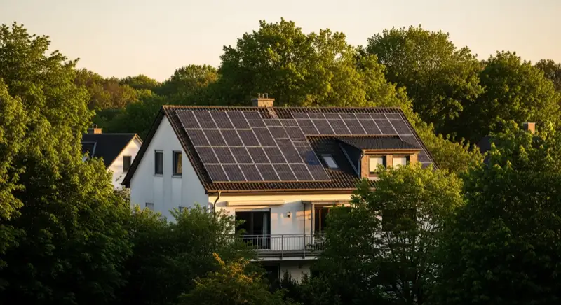 Einfamilienhaus in Essen-Bredeney mit großer Solaranlage auf südorientiertem Schrägdach, umgeben von grünen Bäumen