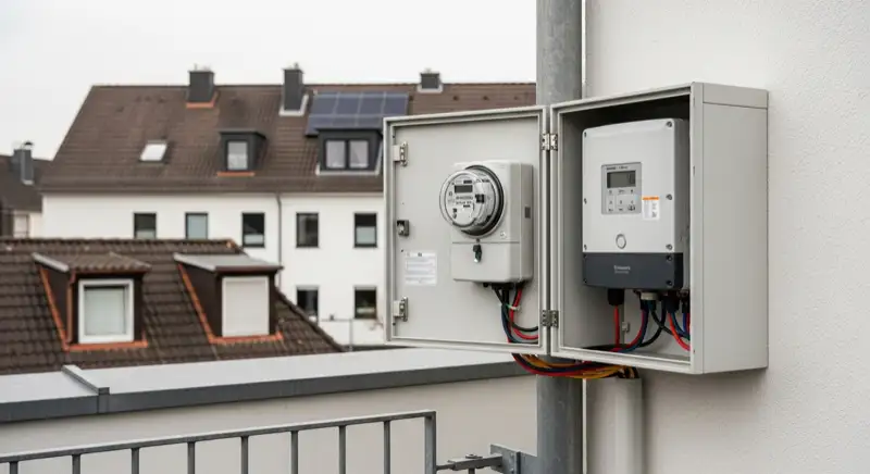 Modern German electrical meter cabinet (Zählerschrank) with smart meter and solar inverter connection, clean technical installation