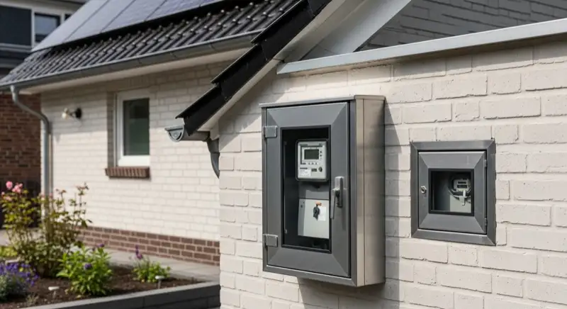 Modern German electrical meter cabinet (Zählerschrank) with smart meter and solar inverter connection, clean technical installation