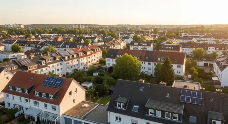 Aerial drone view of typical German residential neighborhood with mixed roof types, red and dark roof tiles, gardens visible, sunny day