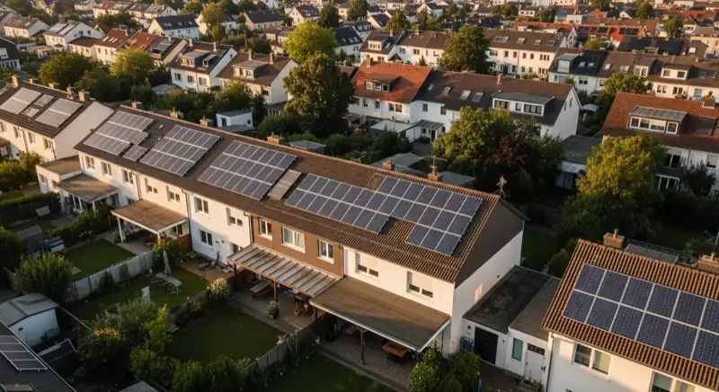 Aerial drone view of typical German residential neighborhood with mixed roof types, red and dark roof tiles, gardens visible, sunny day