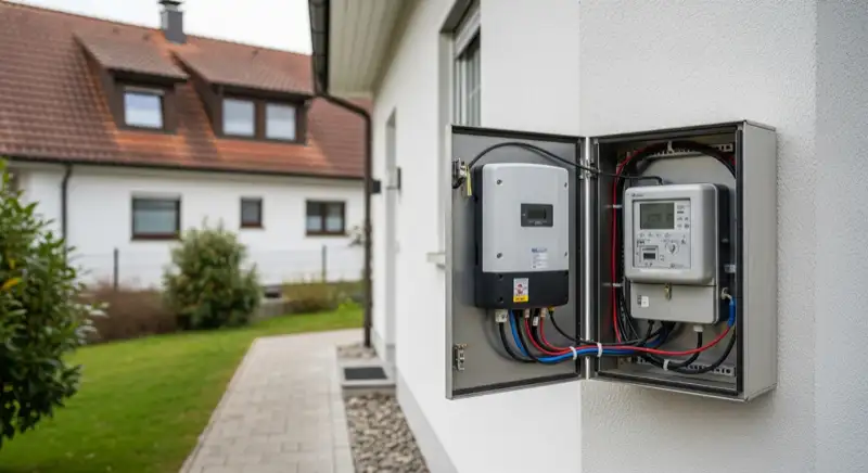 Modern German electrical meter cabinet (Zählerschrank) with smart meter and solar inverter connection, clean technical installation