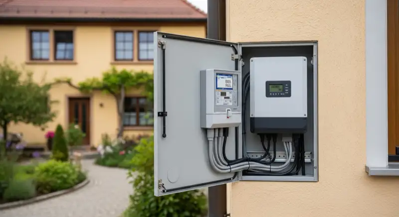 Modern German electrical meter cabinet (Zählerschrank) with smart meter and solar inverter connection, clean technical installation