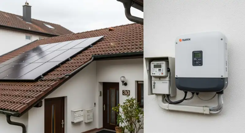 Modern German electrical meter cabinet (Zählerschrank) with smart meter and solar inverter connection, clean technical installation