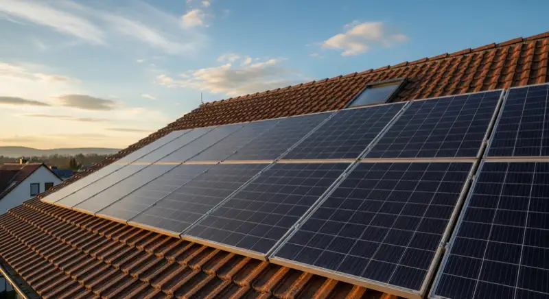 Close-up of photovoltaic solar panels installed on a traditional German Satteldach (gabled roof), blue sky with some clouds