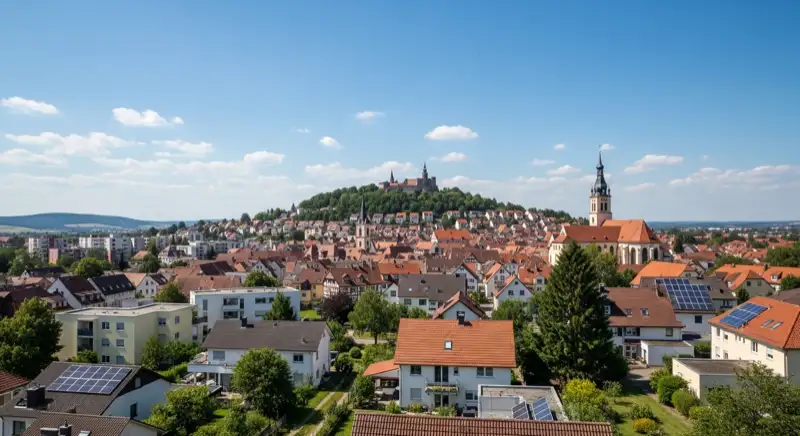 Aerial drone view of typical German residential neighborhood with mixed roof types, red and dark roof tiles, gardens visible, sunny day