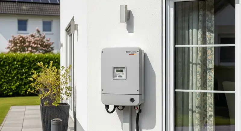Modern German electrical meter cabinet (Zählerschrank) with smart meter and solar inverter connection, clean technical installation