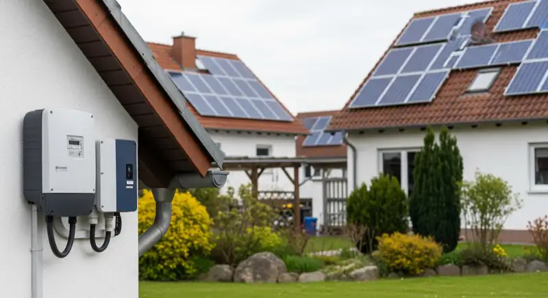 Modern German electrical meter cabinet (Zählerschrank) with smart meter and solar inverter connection, clean technical installation