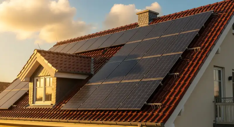 Close-up of photovoltaic solar panels installed on a traditional German Satteldach (gabled roof), blue sky with some clouds