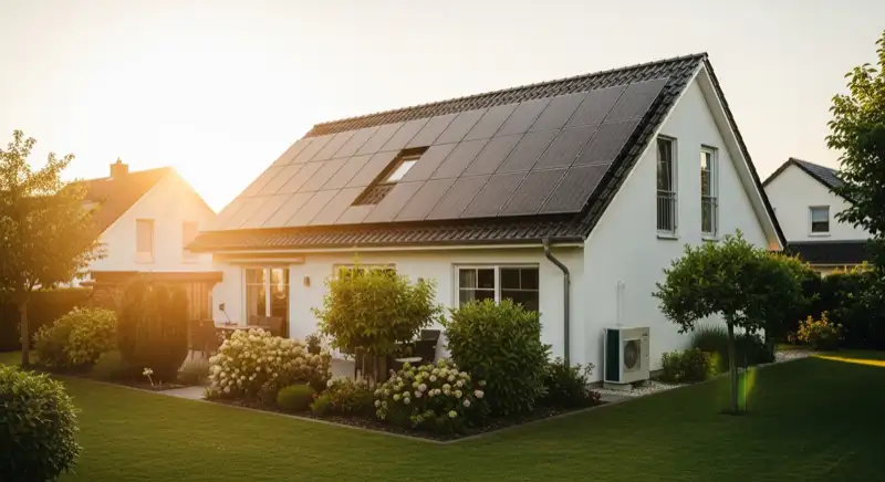 German detached house (Einfamilienhaus) with photovoltaic panels on pitched roof, well-maintained garden, warm afternoon sunlight