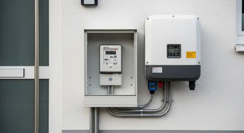 Modern German electrical meter cabinet (Zählerschrank) with smart meter and solar inverter connection, clean technical installation
