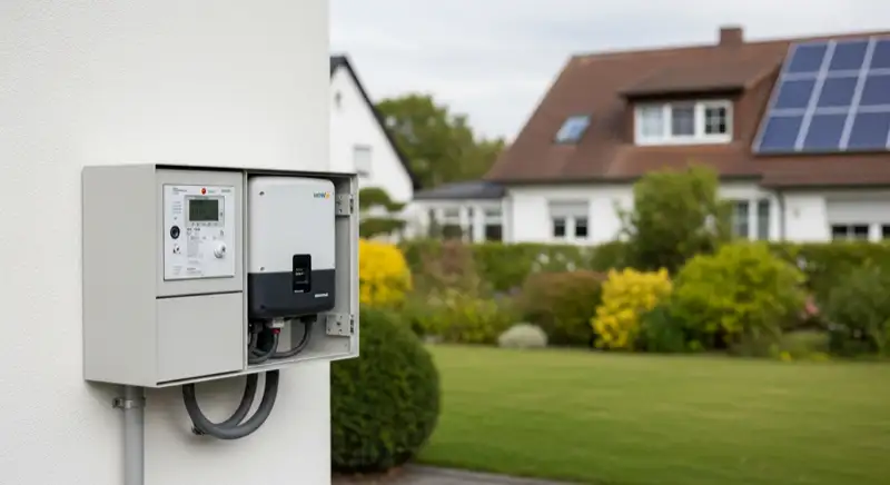 Modern German electrical meter cabinet (Zählerschrank) with smart meter and solar inverter connection, clean technical installation