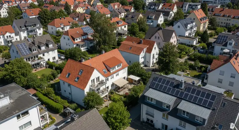 Aerial drone view of typical German residential neighborhood with mixed roof types, red and dark roof tiles, gardens visible, sunny day