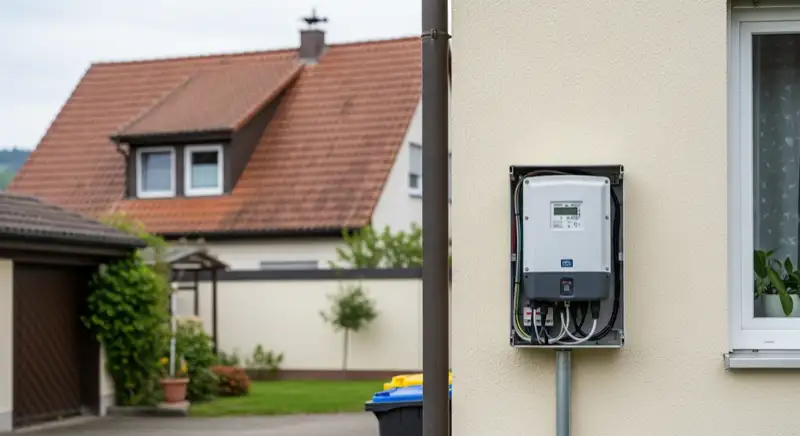 Modern German electrical meter cabinet (Zählerschrank) with smart meter and solar inverter connection, clean technical installation