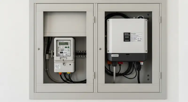 Modern German electrical meter cabinet (Zählerschrank) with smart meter and solar inverter connection, clean technical installation