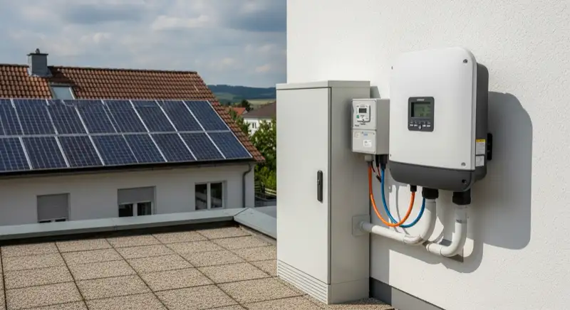 Modern German electrical meter cabinet (Zählerschrank) with smart meter and solar inverter connection, clean technical installation