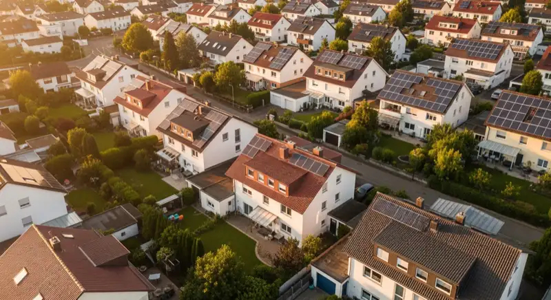 Aerial drone view of typical German residential neighborhood with mixed roof types, red and dark roof tiles, gardens visible, sunny day