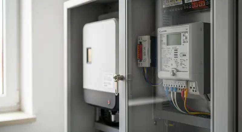 Modern German electrical meter cabinet (Zählerschrank) with smart meter and solar inverter connection, clean technical installation