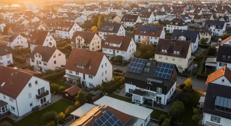 Aerial drone view of typical German residential neighborhood with mixed roof types, red and dark roof tiles, gardens visible, sunny day