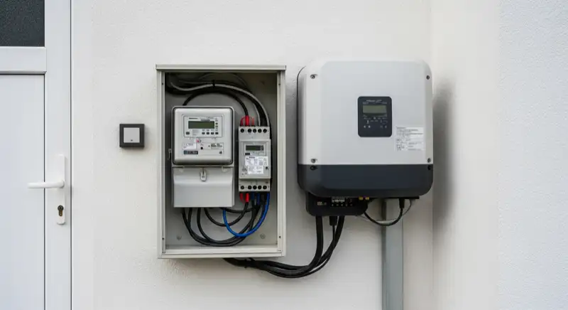 Modern German electrical meter cabinet (Zählerschrank) with smart meter and solar inverter connection, clean technical installation