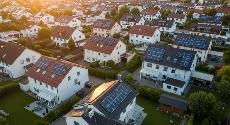 Aerial drone view of typical German residential neighborhood with mixed roof types, red and dark roof tiles, gardens visible, sunny day