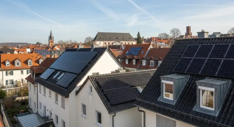 Historischer Ortskern Bernhausen mit sensibel integrierten schwarzen Solarmodulen auf Fachwerkhäusern