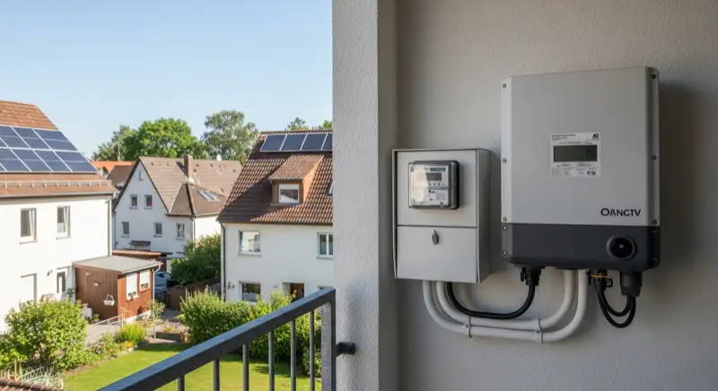 Modern German electrical meter cabinet (Zählerschrank) with smart meter and solar inverter connection, clean technical installation