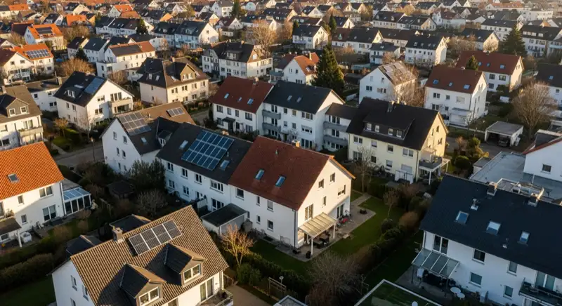 Aerial drone view of typical German residential neighborhood with mixed roof types, red and dark roof tiles, gardens visible, sunny day