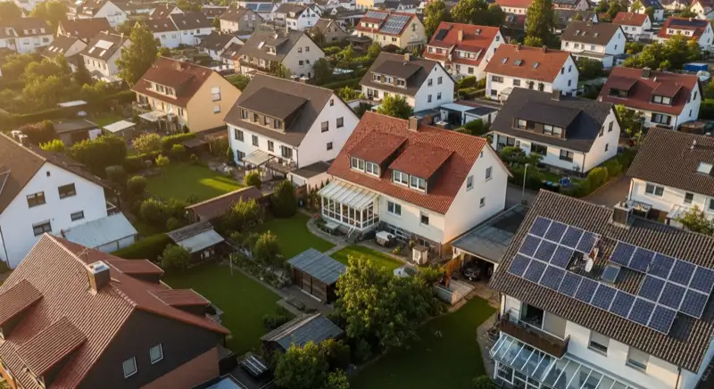 Aerial drone view of typical German residential neighborhood with mixed roof types, red and dark roof tiles, gardens visible, sunny day