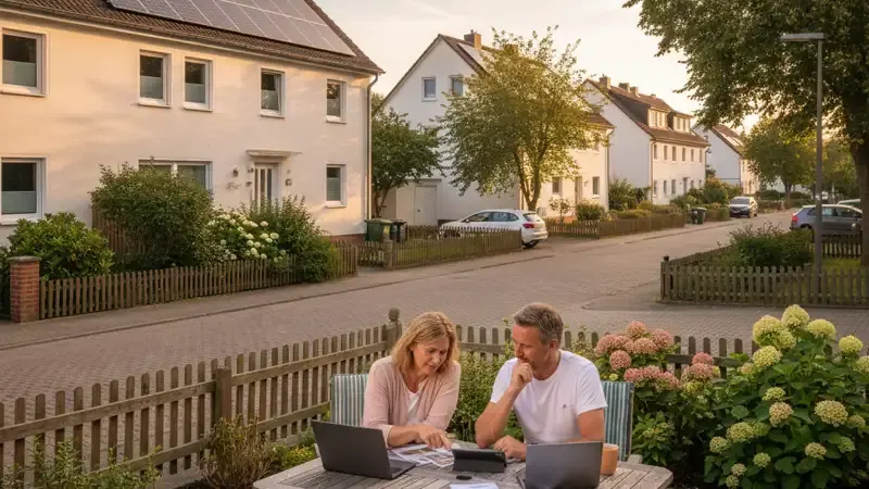 Luftaufnahme von Flensburg mit Einfamilienhäusern und Solaranlagen auf Dächern, Rhein im Hintergrund, grüne Wohngebiete