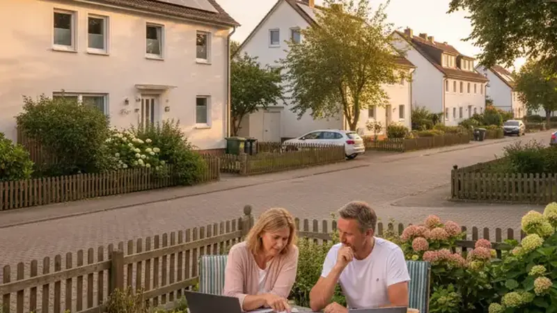 Facharbeiter bei der Montage von Solarmodulen auf einem Einfamilienhaus in Flensburg mit grüner Umgebung