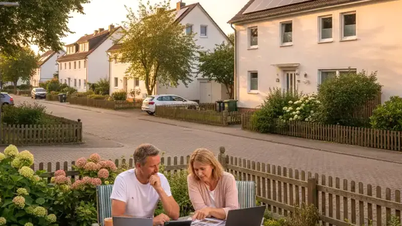 Solarberater zeigt Hausbesitzer eine Anlagenplanung auf dem Tablet vor einem Einfamilienhaus in Flensburg