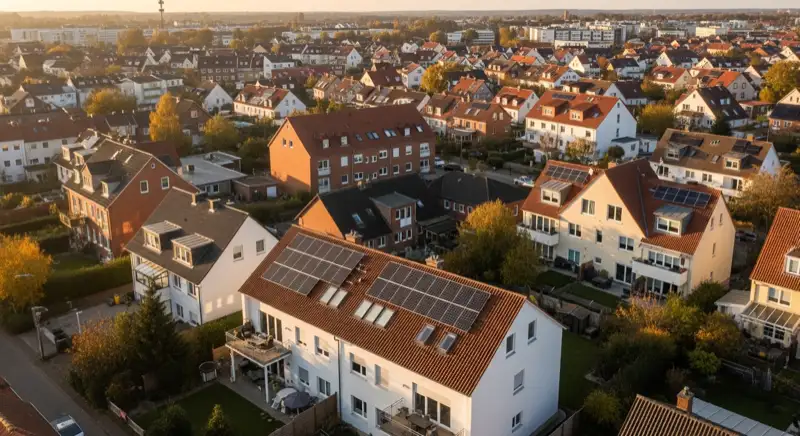 Aerial drone view of typical German residential neighborhood with mixed roof types, red and dark roof tiles, gardens visible, sunny day