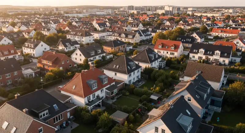 Aerial drone view of typical German residential neighborhood with mixed roof types, red and dark roof tiles, gardens visible, sunny day