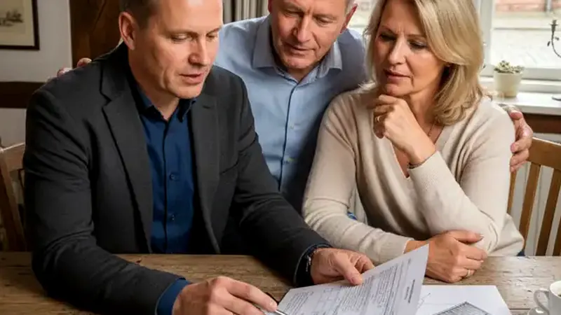 Glückliche Familie vor ihrem Eigenheim mit Solaranlage auf dem Dach, gepflegter Garten in grüner Wohnsiedlung