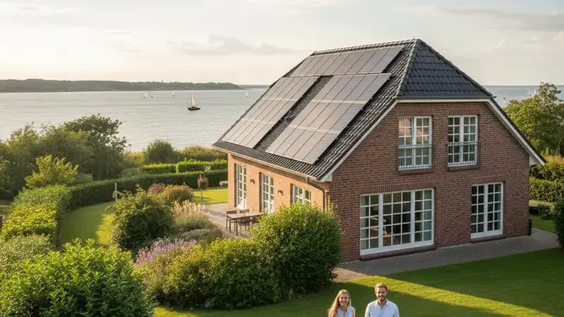 Solaranlage auf einem Flensburger Einfamilienhaus mit typischer norddeutscher Backstein-Architektur