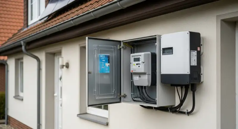 Modern German electrical meter cabinet (Zählerschrank) with smart meter and solar inverter connection, clean technical installation