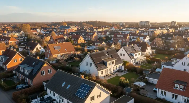 Aerial drone view of typical German residential neighborhood with mixed roof types, red and dark roof tiles, gardens visible, sunny day