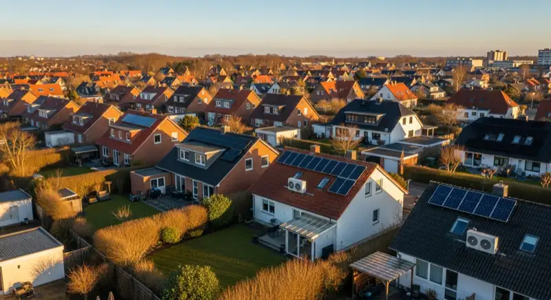 Aerial drone view of typical German residential neighborhood with mixed roof types, red and dark roof tiles, gardens visible, sunny day
