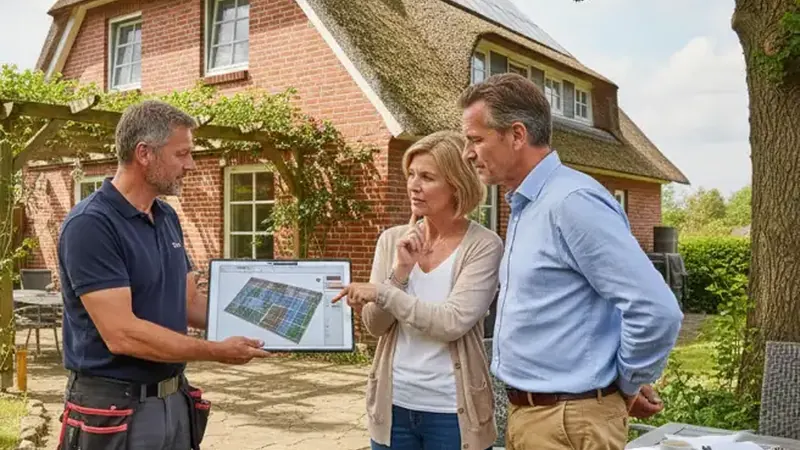 Solartechniker bei der Installation einer PV-Anlage auf einem Flensburger Dach