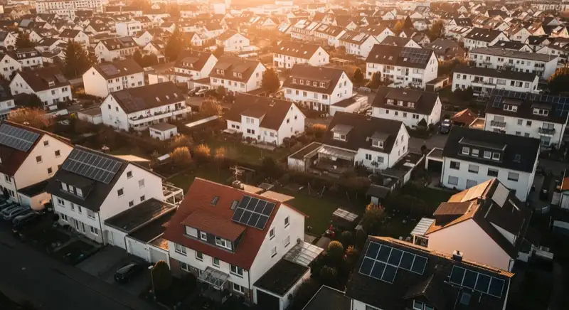 Aerial drone view of typical German residential neighborhood with mixed roof types, red and dark roof tiles, gardens visible, sunny day