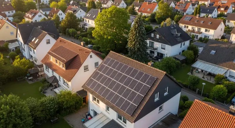 Aerial drone view of typical German residential neighborhood with mixed roof types, red and dark roof tiles, gardens visible, sunny day