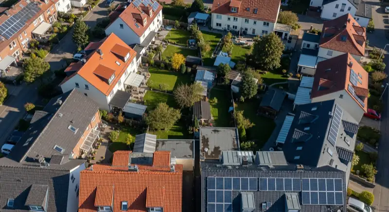 Aerial drone view of typical German residential neighborhood with mixed roof types, red and dark roof tiles, gardens visible, sunny day