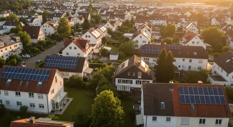 Aerial drone view of typical German residential neighborhood with mixed roof types, red and dark roof tiles, gardens visible, sunny day