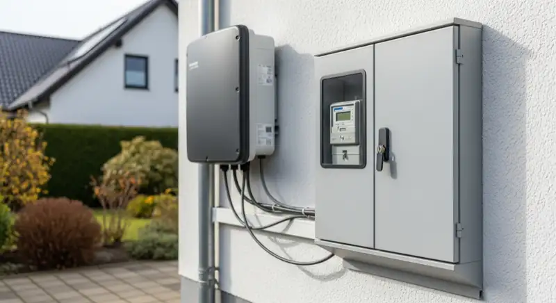 Modern German electrical meter cabinet (Zählerschrank) with smart meter and solar inverter connection, clean technical installation