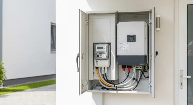 Modern German electrical meter cabinet (Zählerschrank) with smart meter and solar inverter connection, clean technical installation