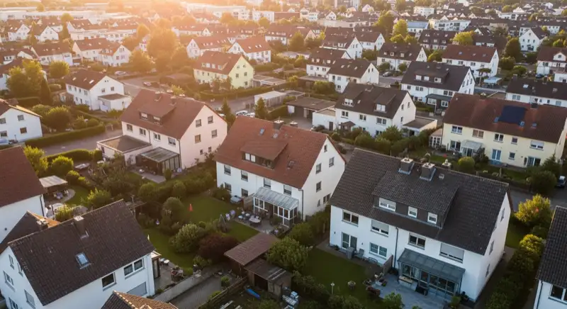 Aerial drone view of typical German residential neighborhood with mixed roof types, red and dark roof tiles, gardens visible, sunny day