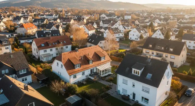 Aerial drone view of typical German residential neighborhood with mixed roof types, red and dark roof tiles, gardens visible, sunny day