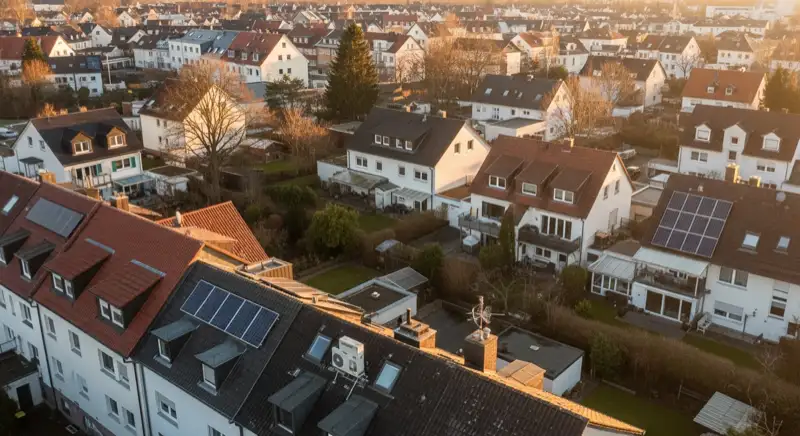 Aerial drone view of typical German residential neighborhood with mixed roof types, red and dark roof tiles, gardens visible, sunny day