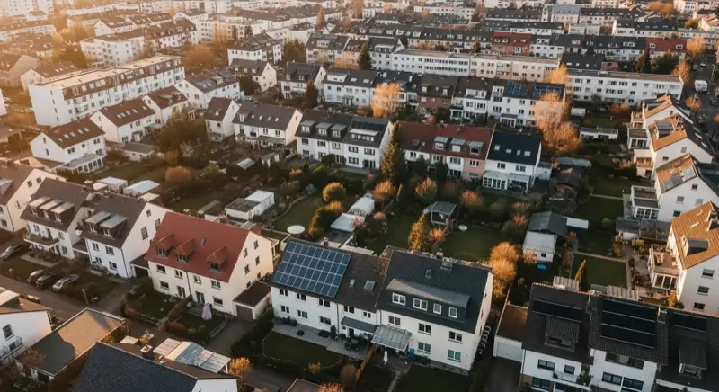 Aerial drone view of typical German residential neighborhood with mixed roof types, red and dark roof tiles, gardens visible, sunny day